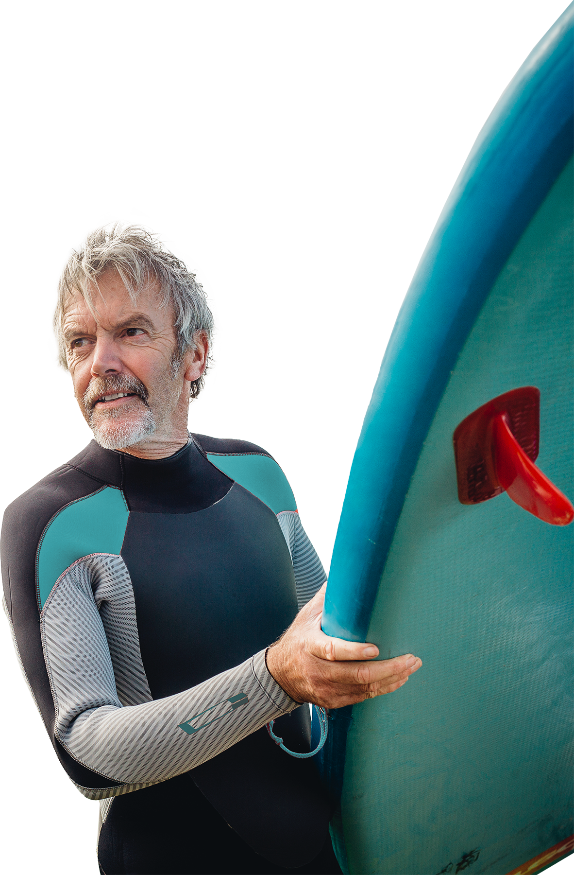 Older man with grey hair and beard in a wetsuit holding a blue surfboard to his left side